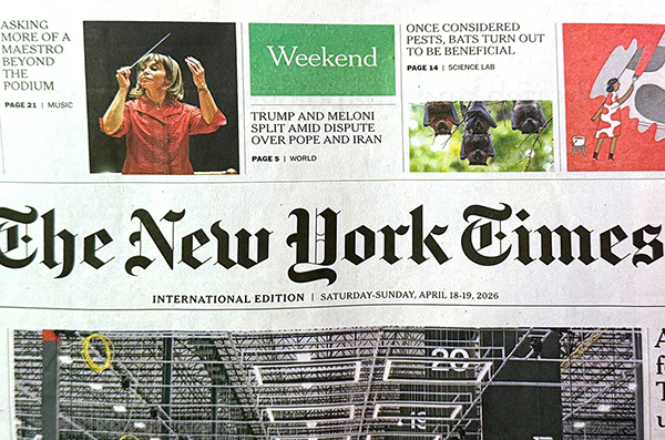 Falletta on page 1 of the New York Times International Edition, April 2026 